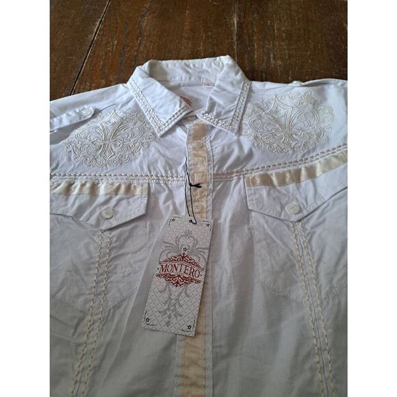 New Large Montero Jeans Cream Embroidered Western Hispanic Streetwear Shirt - Picture 2 of 4